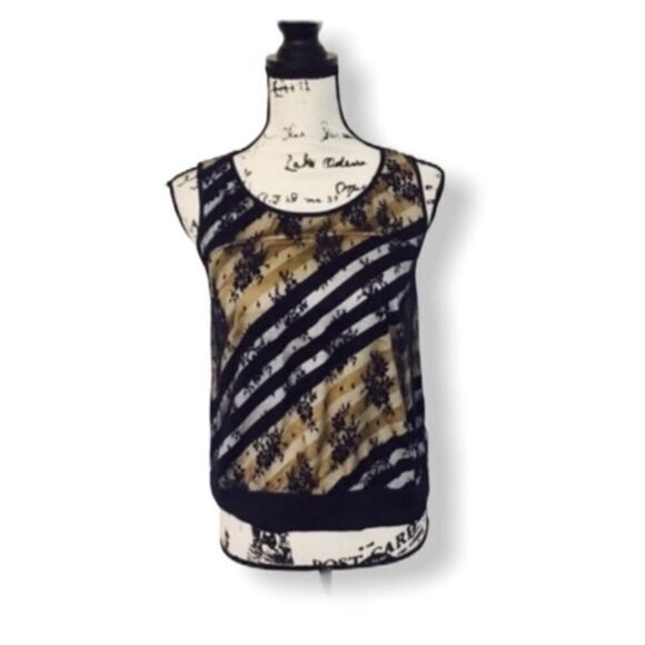 Ann Taylor Striped Sleeveless Top | Size 0P | Lace Overlay - Picture 2 of 5